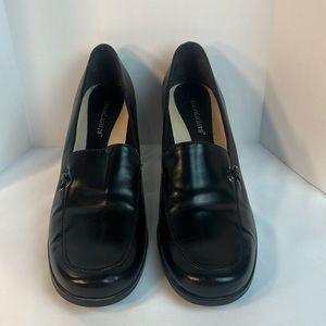 Black heeled loafers excellent condition size 11 wide by highlights 2 1/2 heel